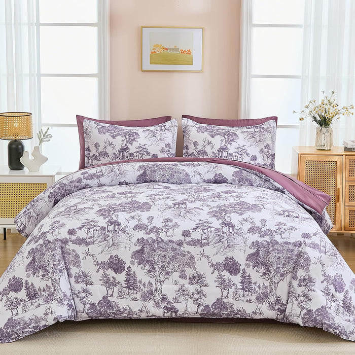 DJY Blue Comforter Set Full, 7 Pieces Full Size Flower Comforters with Sheets Elegant Plants Print Bed in a Bag Soft Microfiber Reversible Complete Bedding Sets for All Season