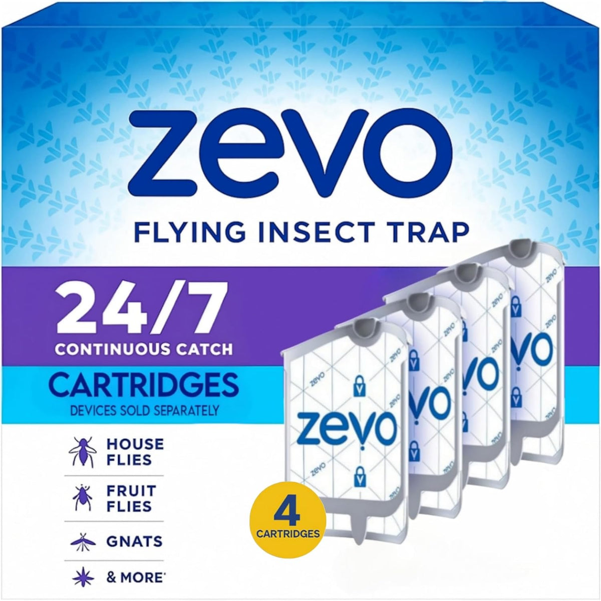 Zevo 2 Flying Insect Traps & 2 Refill Cartridges - Plug in Fly Trap & Indoor Bug Catcher for Gnats, House & Fruit Flies - Blue & UV Light Technology, Mess-Free Alternative to Bug Zapper