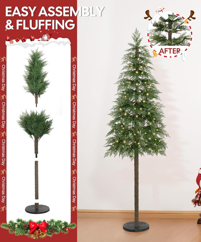 Decoway 7FT Artificial Christmas Tree with 350 Warm White Led Lights, Pre-Lit Xmas Tree with Realistic Bark for Indoor Outdoor Holiday Decor