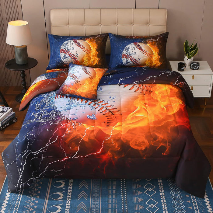 JQinHome Twin Baseball and Fire Comforter Sets for Boys,6 Piece Bed in A Bag 3D Sport Themed Bedding -All Season Soft Microfiber Bedding Sets with Pillowcase, Flat Sheet, Fitted Sheet,Cushion Cover