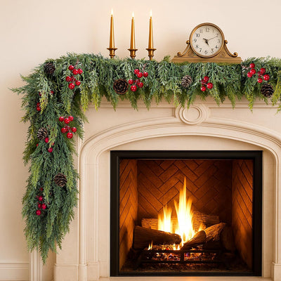 Artificial Cedar Christmas Garland Real Touch Realistic Soft and Thickness Garland Faux Full Greenery Holiday Garland for Mantel, Fireplace, Front Door, Indoor Outdoor Xmas Decoration (9FT)