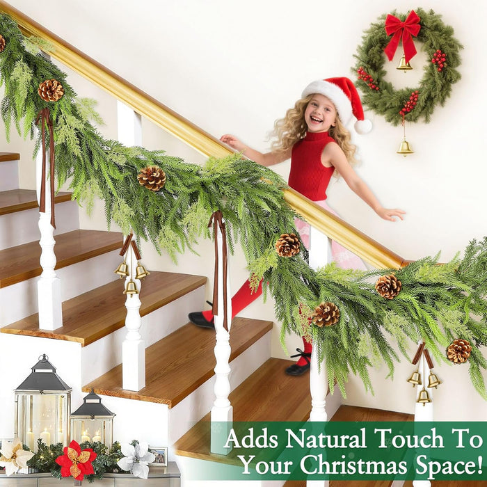 6FT Christmas Norfolk Pine Garland, Real Touch Greenery Cypress Garland with 80 Norfolk & 20 Cypress Leaves 8 Pinecones for Xmas Decorations Outdoor Table Fireplace Holiday Home