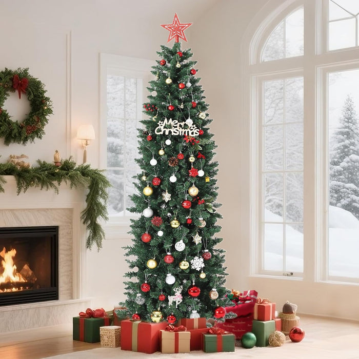 12 FT Pre-Lit Christmas Tree, Artificial Pencil Holiday Decoration with 700 LED Light & 2053 Tips, Metal Foldable Stand for Indoor and Outdoor Use, Green
