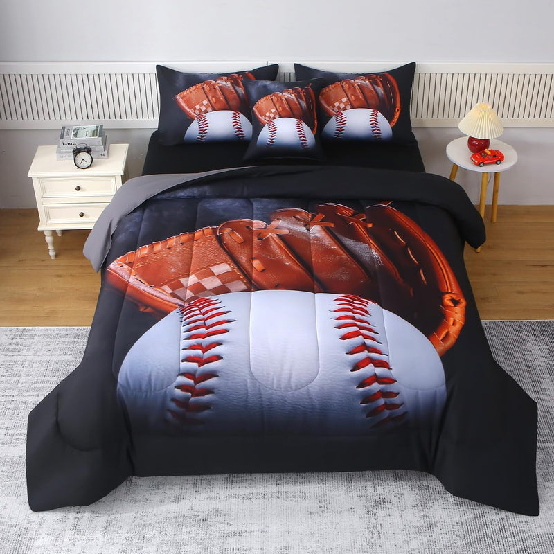 JQinHome Twin Baseball and Fire Comforter Sets for Boys,6 Piece Bed in A Bag 3D Sport Themed Bedding -All Season Soft Microfiber Bedding Sets with Pillowcase, Flat Sheet, Fitted Sheet,Cushion Cover