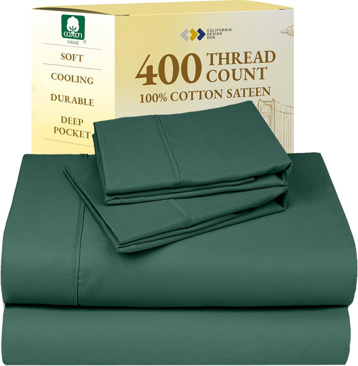 California Design Den Natural 100% Cotton Sheets, Soft Queen Sheet Set, 400 Thread Count Sateen, Deep Pockets with All-Around Elastic for a Snug Fit, Cool & Durable Bedding Set - Black