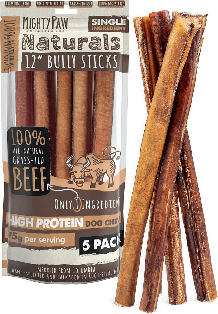 Mighty Paw Long Lasting 12" Bully Sticks for Dogs - All Natural Grass Fed Beef Chews. Lower Odor Dog Bully Sticks for Large Dogs, Medium and Small Breeds. Single Ingredient Treats