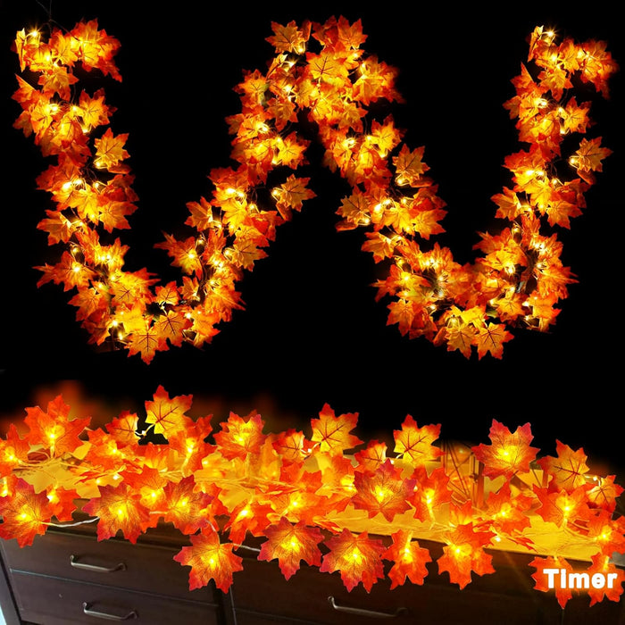Timer - 2 Pack Fall Decor Fall Garland with Lights Fall Decorations for Home, Lighted Maples Leaves Garland Total 13Ft 40LED Battery Operated Autumn Harvest Halloween Thanksgiving Decor Indoor Outdoor