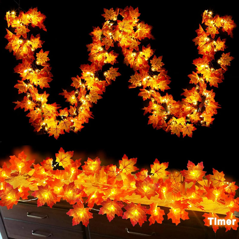 Timer - 2 Pack Fall Decor Fall Garland with Lights Fall Decorations for Home, Lighted Maples Leaves Garland Total 13Ft 40LED Battery Operated Autumn Harvest Halloween Thanksgiving Decor Indoor Outdoor