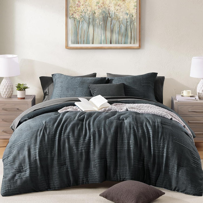 MaiRêve Charcoal Grey Full Comforter Set, Textured Design Grey Crinkle Bed in A Bag Full Size, Full Comforter Set with 7 Pieces with Comforter, Sheets, Pillowcases & Shams 80"x 90"