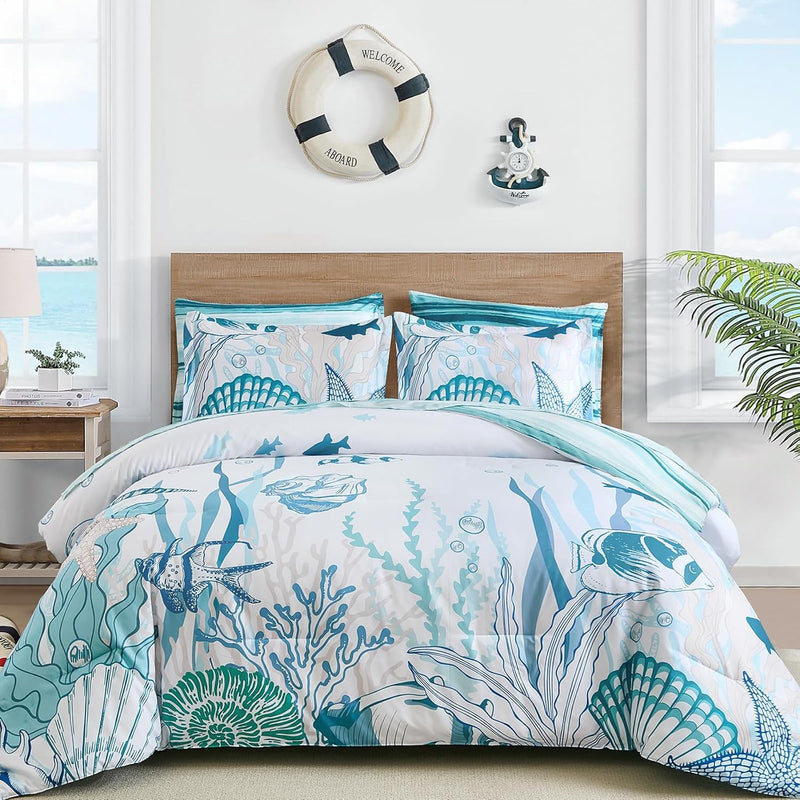 WONGS BEDDING Coastal Comforter Set Queen, Beach Themed Comforter,7 Pieces Ocean Nautical Seaweed & Starfish Bed in a Bag (90"×90")