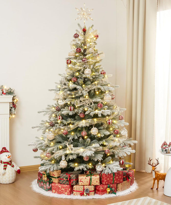 Decoway 6ft Artificial Christmas Tree, Unlit Snow Flocked Xmas Tree with 1571 Branch Tips and Sturdy Metal Stand for Indoor Outdoor Home Decoration