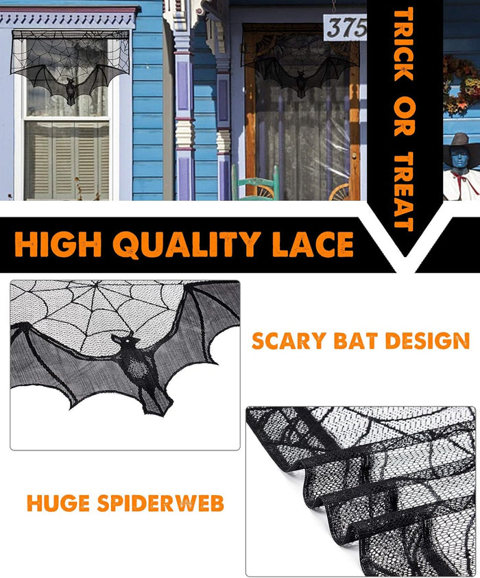 ANPHSIN Halloween Black Lace Spiderweb- 2 Pcs Bat Curtain Window Valance Cobweb Tablecloth Shower Curtains Fireplace Mantles Scarf Cover for Home Door Kitchen Bathroom Festive Party Decorations