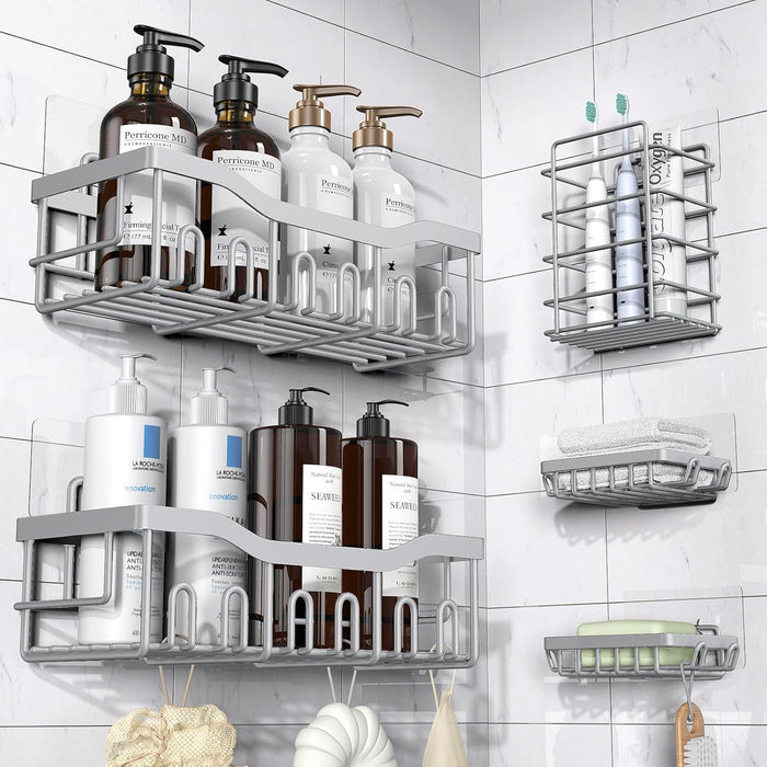 Adhesive Shower Caddy, 5 Pack Rustproof Stainless Steel Bath Organizers With Large Capacity, No Drilling Shelves for Bathroom Storage & Home Decor-XL Size