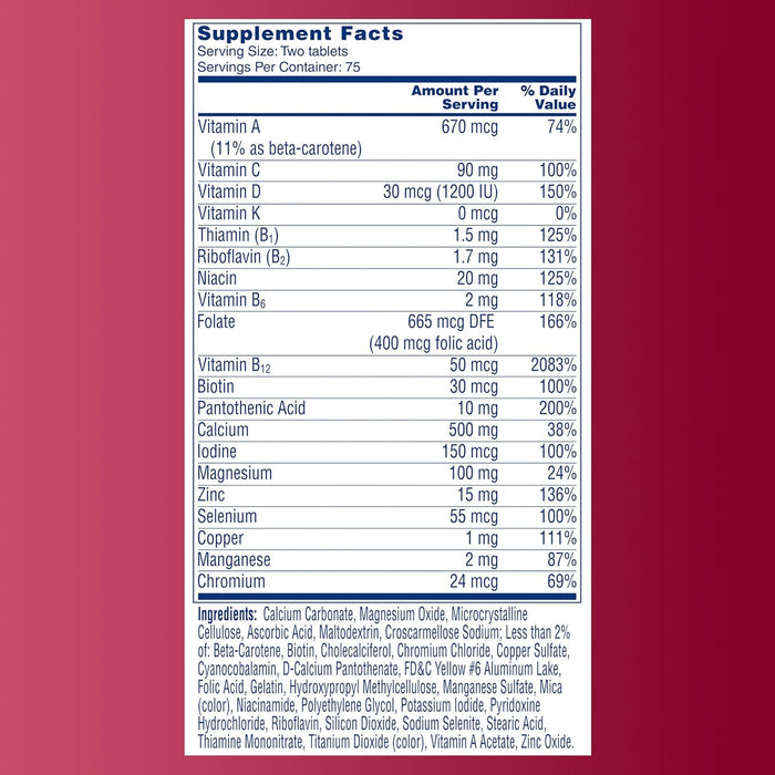 One A Day Proactive 65+, Mens & Womens Multivitamin, Supplement with Vitamin A, C, D, and Zinc to Support Bone Health & Cell Health, Calcium, Folic Acid, Tablet 150 Count