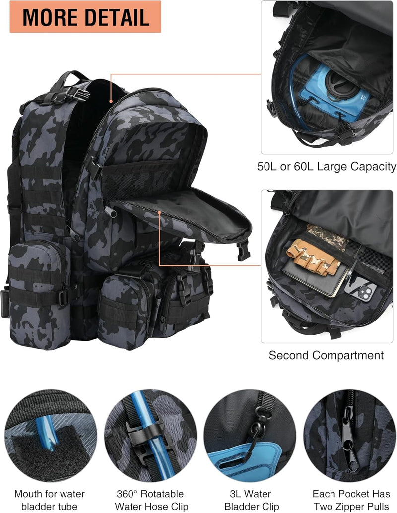 NOOLA 60L Military Tactical Backpack for Men Army 3 Day Assault Pack Large Camping Detachable Rucksack with Bottle Holder