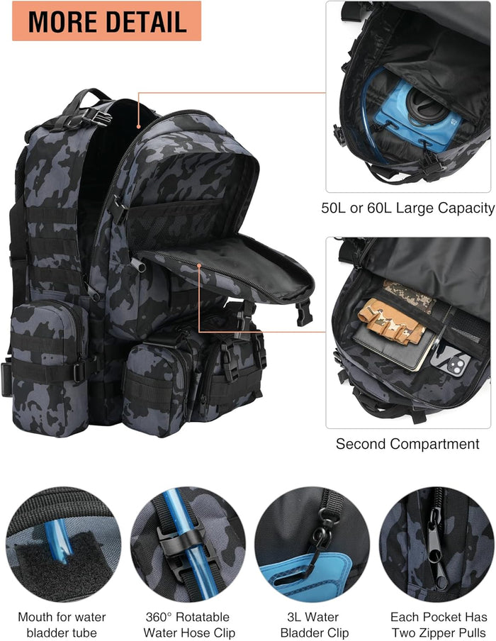 NOOLA 60L Military Tactical Backpack for Men Army 3 Day Assault Pack Large Camping Detachable Rucksack with Bottle Holder
