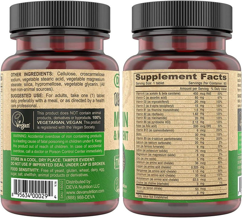 DEVA Tiny Tablets Vegan Multivitamin for Women & Men 2-Pack with Iron, Vitamin C, E, B Complex Vitamins, Zinc, 90 Tablets Each