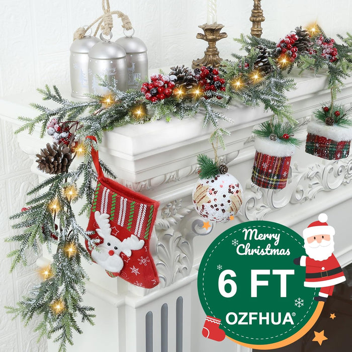 6 FT Christmas Garland with Lights - Pre-Lit Artificial Christmas Garland, Flocked Garland with Red Berries Pine Cones for Decoration, Mantle Stairs Railing Home Xmas Decoration Indoor