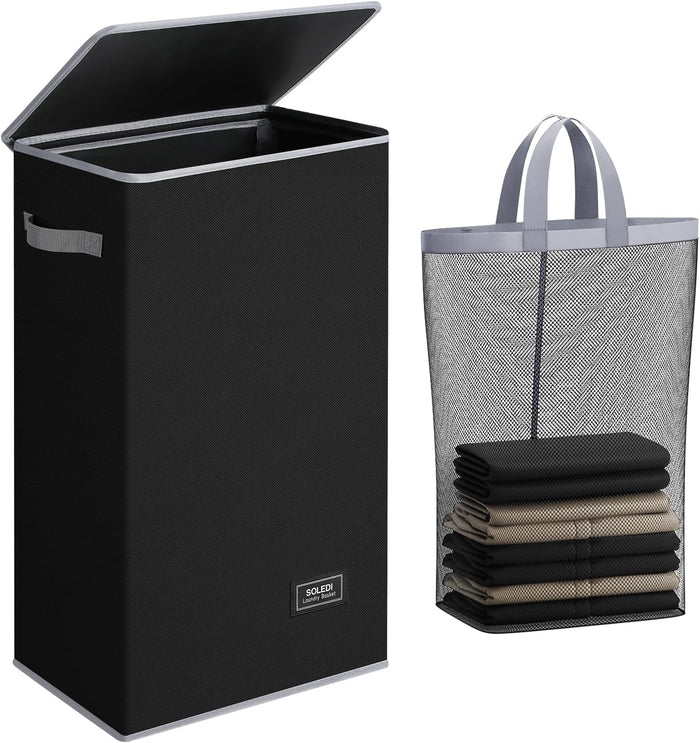SOLEDI Laundry Hamper with Lid 100L Large & Tall Collapsible Laundry Basket, Clothes Hamper with Bag Removable Easy to Carry, Dirty Hampers for Bedroom, Bathroom, Dorm, College, Grey