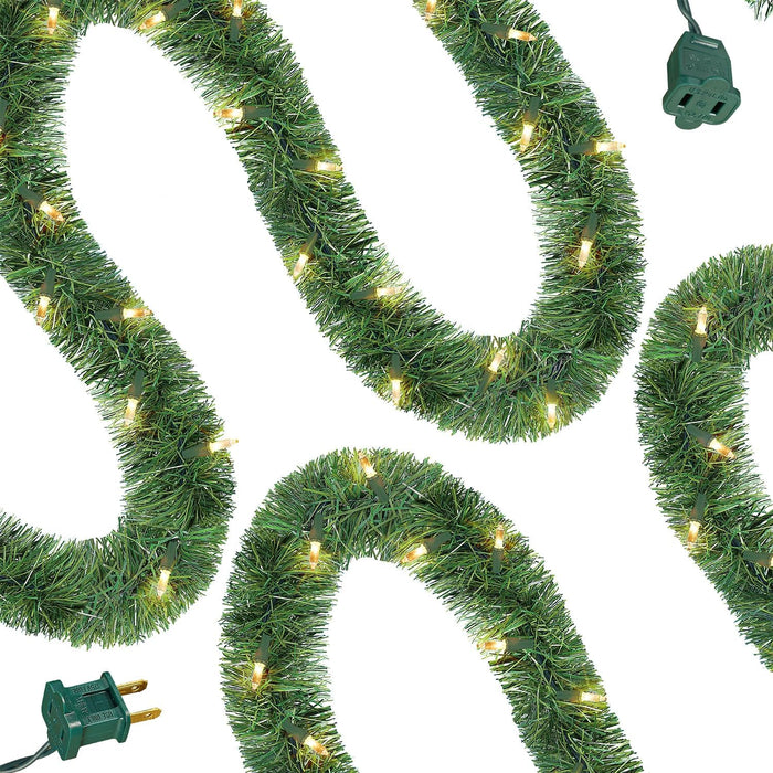 WATERGLIDE 49FT Lighted Christmas Green Garland with 100 Count Clear String Lights, Pre-lit Long Artificial Greenery Garlands, Plug in Holiday Decorative Lights for Indoor Outdoor Decor