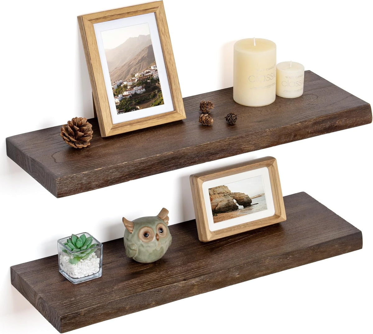 Floating Shelves for Wall Decor, Rustic Solid Elm Wood Live Edge Floating Shelves Wall Mounted, Wall Shelves with Invisible Bracket for Living Room Bathroom Bedroom Kitchen, 48 Inch, Walnut