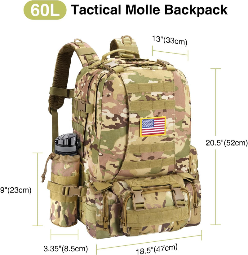 60L Tactical Backpack for Men, Large Military Backpack Molle Rucksack, Heavy Duty Army Assault Pack, Tactical Bag with Detachable Bottle Holder for Hiking Camping Hunting Adventure, Camo