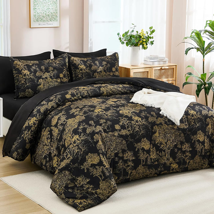 DJY Blue Comforter Set King, 7 Pieces Bed in a Bag King Size Botanical Comforters with Sheets Elegant Plants Print Soft Microfiber Reversible Complete Bedding Sets for All Season