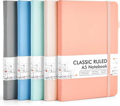 feela 5 Pack Notebooks Journals Bulk, Hardcover Classic Ruled Lined Journals with Pen Holder for Women Girls School Business Supplies, with 5 Black Pens, 120 GSM, 5.1”x8.3”, A5, Mild Colors