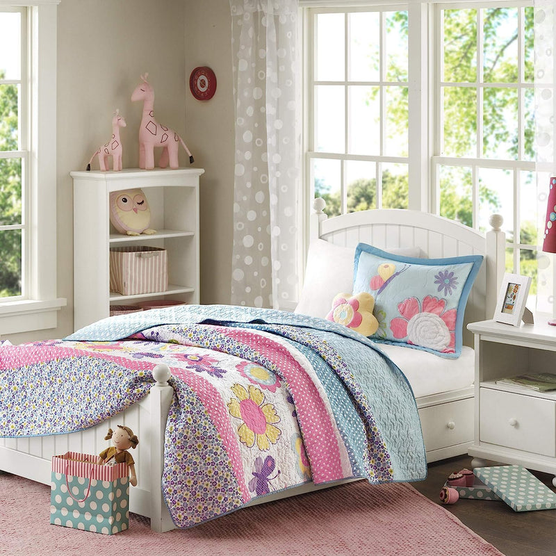 Intelligent Design Kids Twin Quilt Bedding Set, Cotton Coverlet Sun Girls Bedding Set Rainbow & Clouds Reversible Dawn Light & Breathable Sham Throw Pillow Twin Yellow/Coral 3 Piece