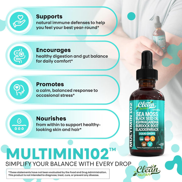 Clean Nutra Organic Sea Moss Drops Supplement | Black Seed Oil Irish Seamoss Ashwagandha Burdock Root & Bladderwrack - Multimineral Liquid Vegan for Gut Heath Energy Skin Immune Support & Hair