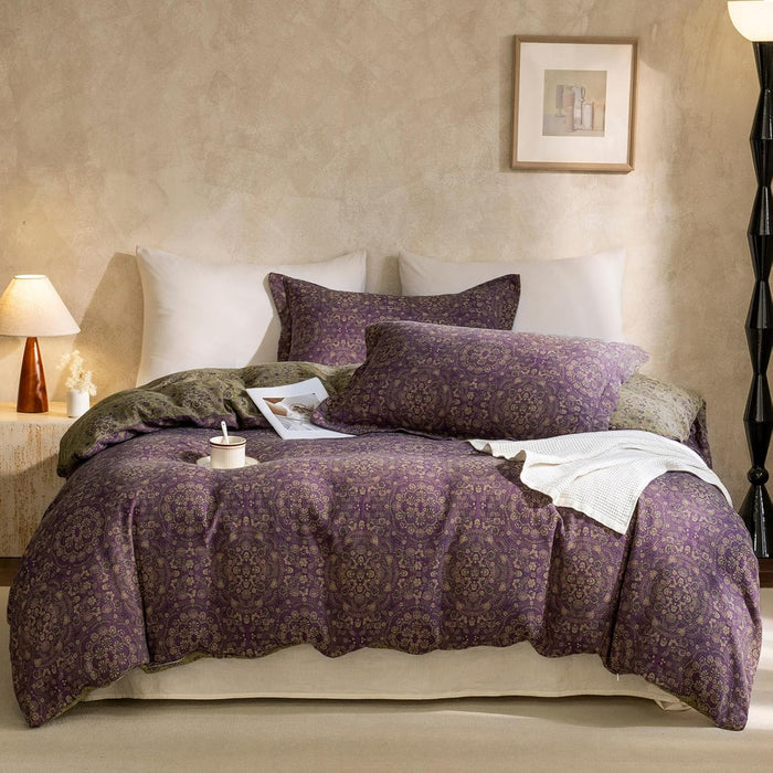 VM VOUGEMARKET Green Duvet Cover Set Full,Lily Flower Jacquard Duvet Cover with 2 Pillowcases 3Pcs Yarn-Dyed Linen Cotton Green Purple Bedding Set for Teens Girls Without Comforter-80 x90