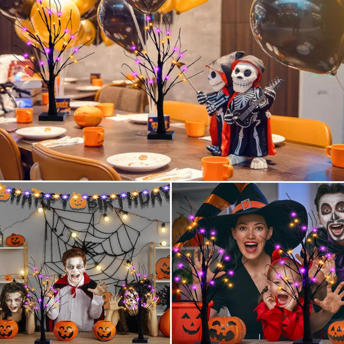2 Pack 24 Inch Halloween Black Spooky Tree with Orange & Purple Lights, USB&Battery Operated Tabletop Halloween Black Tree with Timer for Indoor Home Holiday Party Decorations