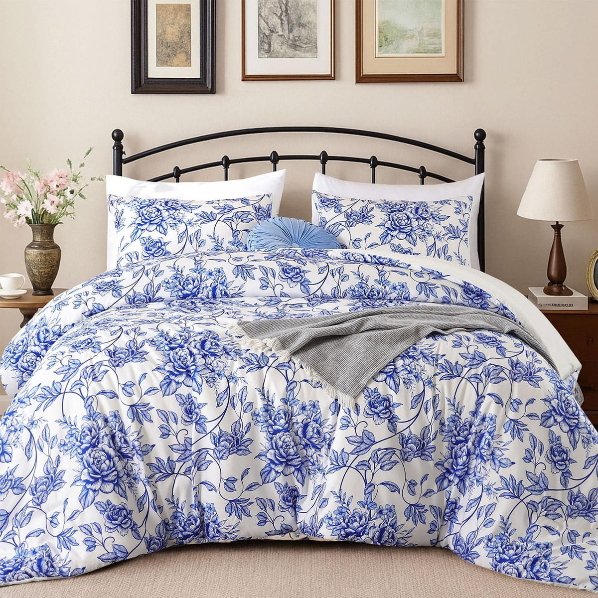 JANZAA Comforter Set Comforter Floral Bedding Sets Flowers Bed Comforter 1 Soft Reversible Botanical with 2 Pillow Shams (Pink, Queen)