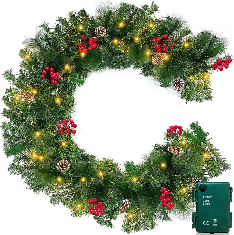 6 Ft by 10 Inch Pre-lit Artificial Christmas Garland with 30 Warm Lights Timer Battery Operated 150 Snowy Bristle Pine Branches 56 Red Berries 8 Pinecones Xmas Decor for Home Indoor Mantle Fireplace