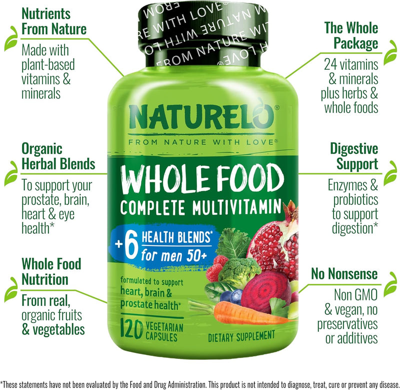 NATURELO Whole Food Multivitamin for Men 50+ - with Vitamins, Minerals, Organic Herbal Extracts - Vegan Vegetarian - for Energy, Brain, Heart and Eye Health - 120 Capsules
