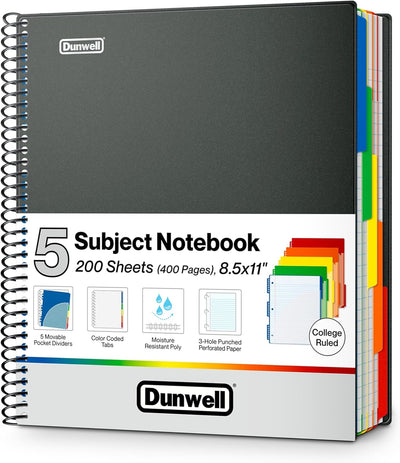 Dunwell 5-Subject Notebook, College Ruled, Colorful Movable Pocket Dividers with Tabs, Front/Back Plastic Covers, 200 Sheets (400 Pages) of 3-Hole Punch Perforated 8.5x11 Paper