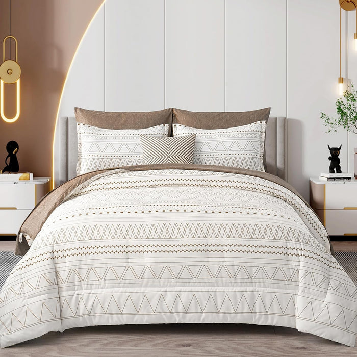 WONGS BEDDING Boho Comforter Set King Size,7 Pieces Grey White Geometric Bohemian Bed in a Bag Comforter Complete Striped Bedding Set for All Season with Sheets,Pillowcases & Shams Soft Microfiber