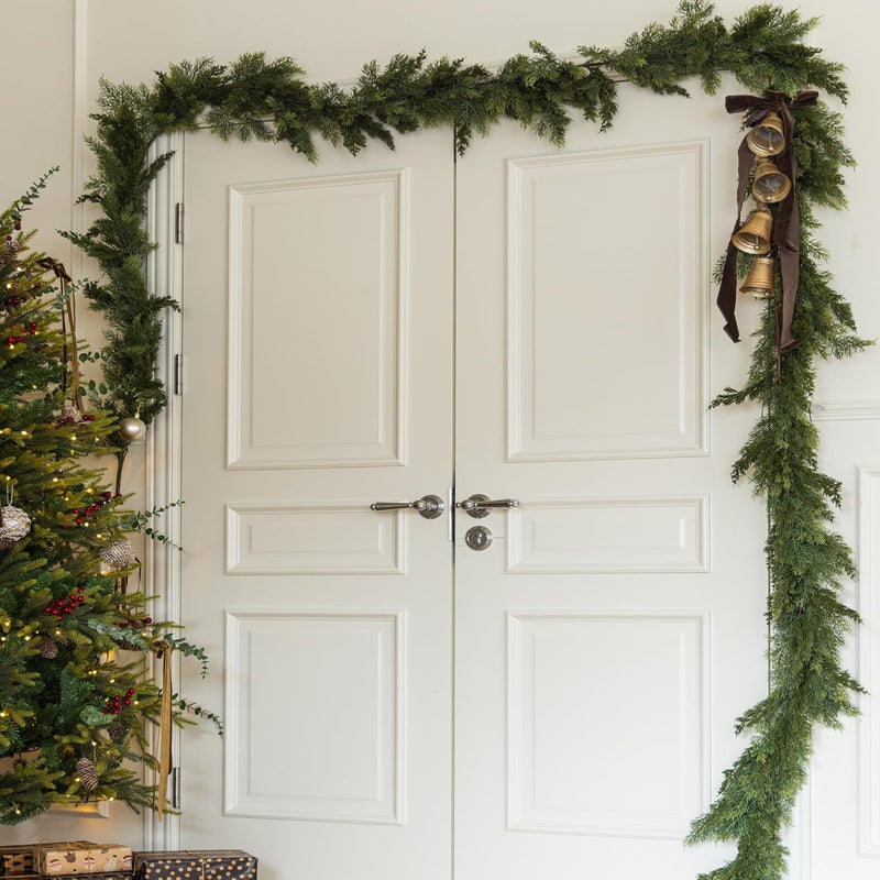 9ft Handmade Christmas Garland,Artificial Cypress Cedar Pine Needles Greenery Seasonal Garland for Christmas Fireplace Winter Holiday Indoor Outdoor Decoration
