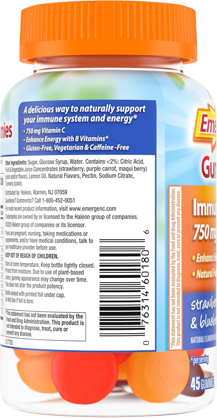 Emergen-C 750mg Vitamin C Gummies for Adults, Immune Support Gummies, Gluten Free, Strawberry, Lemon and Blueberry Flavors - 45 Count