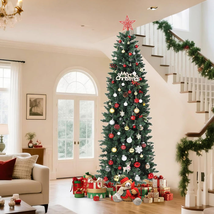 12 FT Pre-Lit Christmas Tree, Artificial Pencil Holiday Decoration with 700 LED Light & 2053 Tips, Metal Foldable Stand for Indoor and Outdoor Use, Green