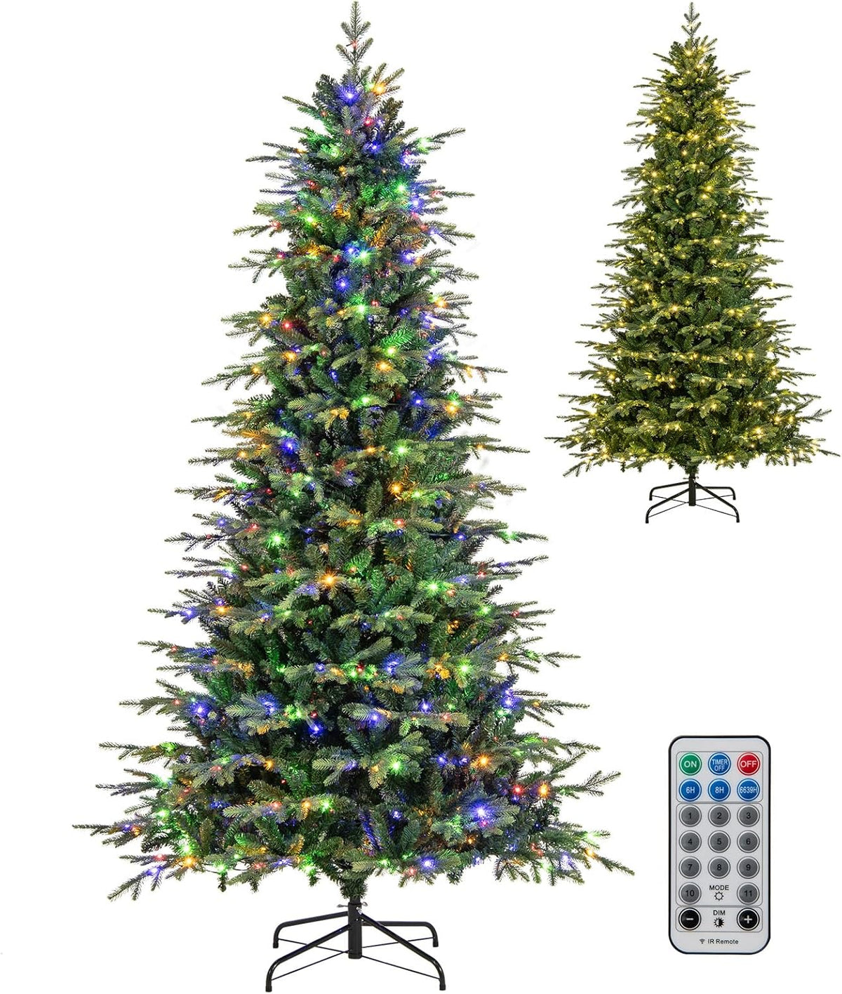 Goplus 7.5 FT Pre-Lit Artificial Christmas Tree, Snow Flocked Hinged Xmas Tree with 470 Warm-White LED Lights, 1135 Tips, 81 Pine Cones, Lighted Xmas Tree for Office Home Decoration