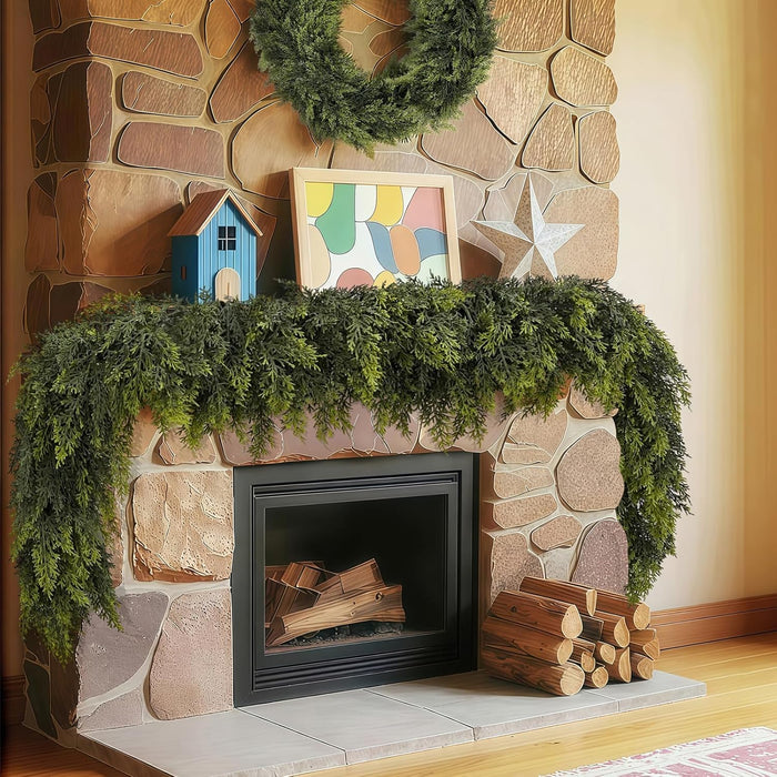 2 Pcs 9FT Christmas Garland, Christmas Decorations, Real Touch Cedar Garland, Artificial Cypress Garlands for Mantle Fireplace Door Table Wall Upstairs Indoor Outdoor Holiday Xmas Decor