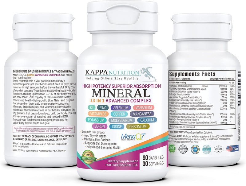 KAPPA NUTRITION (90 Capsules,Vitamin K2, Vitamin D3, Zinc, Selenium, Vanadium, Copper, Manganese, Potassium, Molybdenum, Calcium, Chromium, Iodine, Boron, Mineral 13 in 1 Advanced Complex, from