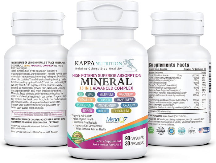 KAPPA NUTRITION (90 Capsules,Vitamin K2, Vitamin D3, Zinc, Selenium, Vanadium, Copper, Manganese, Potassium, Molybdenum, Calcium, Chromium, Iodine, Boron, Mineral 13 in 1 Advanced Complex, from