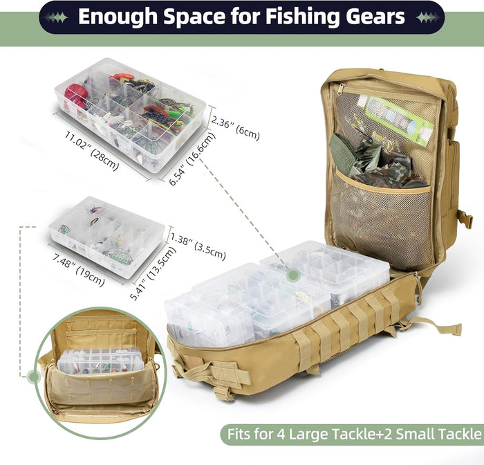 45l Large Fishing Tackle Backpack with Removable Plier Holder & Rod Holders, Khaki Tactical Bag, Fishing Gear and Tackle Box Organizer, Hiking Rucksack without Tackle Box