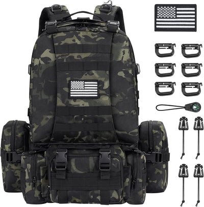 60L Tactical Backpack for Men, Large Military Backpack Army Assault Pack with D-Ring Molle Clips Compass Accessories, Bug Out Bag for Hiking Camping Hunting Detachable Rucksack, Black Camo
