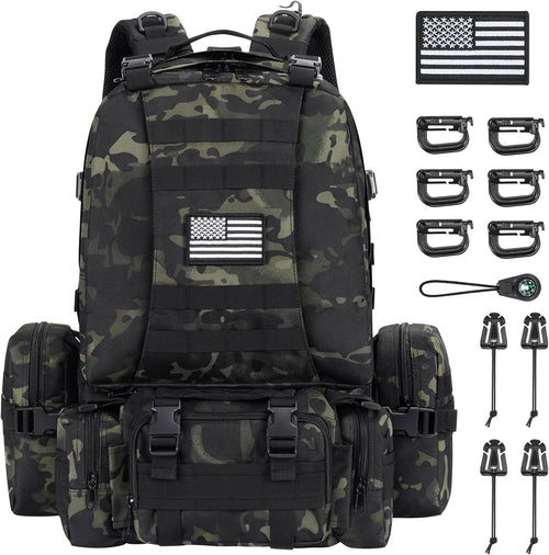 60L Tactical Backpack for Men, Large Military Backpack Army Assault Pack with D-Ring Molle Clips Compass Accessories, Bug Out Bag for Hiking Camping Hunting Detachable Rucksack, Black Camo