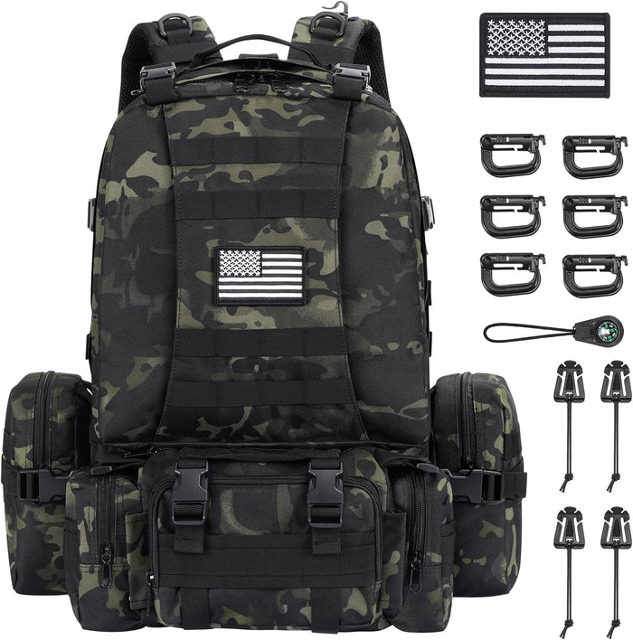 60L Tactical Backpack for Men, Large Military Backpack Army Assault Pack with D-Ring Molle Clips Compass Accessories, Bug Out Bag for Hiking Camping Hunting Detachable Rucksack, Black Camo