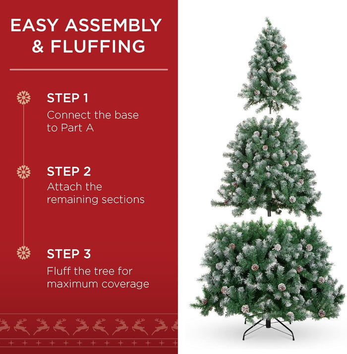 Best Choice Products 6ft Pre-Decorated Holiday Christmas Tree for Home, Office, Party Decoration w/ 1,000 PVC Branch Tips, Partially Flocked Design, Pine Cones, Metal Hinges & Base