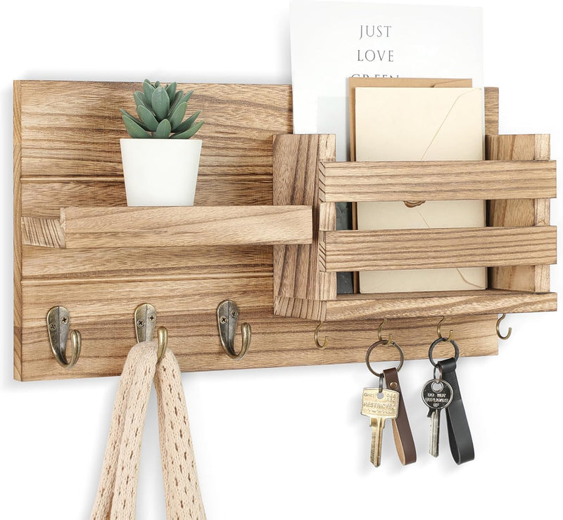 Mail Organizer for Wall Mount – Key Holder with Shelf Includes Letter Holder and Hooks for Coats, Dog Leashes – Rustic Wood with Flush Mounting Hardware (16.5” x 8.7” x 3.5”)